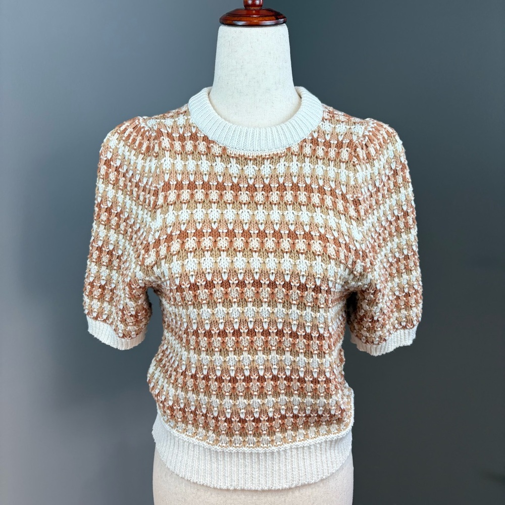 Cropped Sweater Size S Tan Cream Cotton Blend Crew Neck Puff Short Sleeves